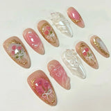 GETADME 24Pcs 3D Strawberry Rabbit Flower Fake Nails Press on Mid-length Almond Wearable False Nails Green Gradient Pearl Manicure Tips