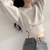 GETADME 가을 여성 솔리드 O넥 슬림 크롭 탑 랜턴 슬리브 버튼 스웨트 캐주얼 힙합 스포티 풀오버 스위트 시크 스트릿 웨어