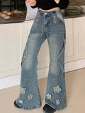 Getadme - Pantalon en jean bleu pour femme, broderie étoile, nouveau modèle, taille haute, coupe slim, pattes d'éléphant, style gyaru, streetwear vintage Kpop