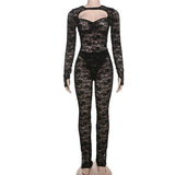 GETADME 2025 Spring Sexy Lace Backless Cut Out Bodysuit Two Piece Sets Ladies High Waist Trousers Skinny Perspective Night Club Outfits