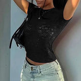 GETADME Women Vintage Lace See Through Short Sleeve T Shirt Summer O Neck Solid Pullover Female Streetwear Club Bodycon Tshirt 2025