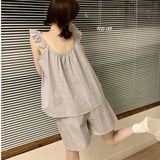 GETADME 귀여운 여성 잠옷 라운지웨어 한국 버전 달콤하고 심플한 플라이 슬리브 언더셔츠 플레드 홀터 홈웨어 정장 잠옷