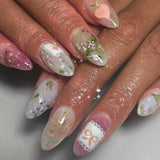 Getadme 24pcs Cute Cartoon Fake Nail Tips Oil Painting Series Printed Almond Press On Nail Sweet Cool Charming False Nail For Spicy Girl