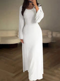 Getadme Autumn Winter Long Dresses Women Casual Flare Sleeve Bandage Patchwork Dress Female Elegant Fashion Slim Fit Solid Color Dress