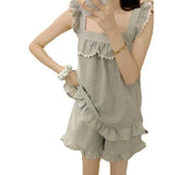 GETADME 섹시 나이트웨어 민소매 파자마 레이스 플레드 퓨어 디자이어 윈드 캐미솔 반바지 여성 홈웨어 투피스 그레이 잠옷 라운지웨어