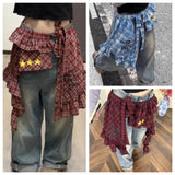 GETADME Adjustable Star Layer Outfits Plaid Skirt Hip-hop Sweet Lace Up Hip Scarf Korean Style Y2K Ruffled Edge Waistband Jeans Decor