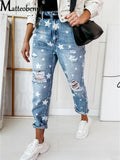 GETADME New Autumn Boyfriend Jeans Woman Slim Hole Jeans For Ladies With Five-Pointed Star Ripped Jeans Street Casual Blue Denim Pants