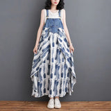 GETADME 2025 Summer New Elegant Women's Dress Loose Denim Patchwork Chiffon Overalls Sexy Suspender Dress Spaghetti Strap Robe KE903
