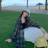 루시버 여성용 플레드 셔츠 2024년 여름 신상품 얇고 루즈한 자외선 차단 블라우스 여성 하라주쿠 빈티지 버튼 쉬폰 셔츠
