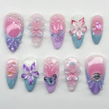 GETADME 24Pcs 3D Strawberry Rabbit Flower Fake Nails Press on Mid-length Almond Wearable False Nails Green Gradient Pearl Manicure Tips