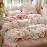 GETADME Ruffles Bedding Set Floral Style Duvet Cover Pillowcase with Bedsheet Skin-friendly Bed Linen Set Girls Room Bedclothes 이불세트