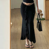 Jupe d'été Getadme pour femme, lacée et plissée, noire, style streetwear décontracté, coupe slim, taille haute, droite, jupe sexy longueur cheville, idéale pour les soirées.