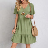 GETADME 2025 Loose V-neck Short Sleeved Pleated Women Dress Solid Color A-line Beach Dresses Elegant Simple Comfortable Woman Clothing