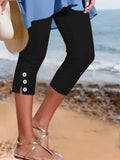 GETADME 2025 Cross border Summer Mid waist Elastic Solid Color Seven point Pants Tight Fashion Sexy Button up Casual Pants for Women
