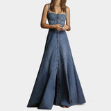 GETADME Elegant Denim Long Dress Women 2025 Summer New Casual Retro All-match Dresses Female Single Button A-line Split Hem Vestidos