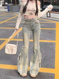 GETADME Women Vintage Blue Jeans High Waist American Retro 90s Raw Material Edge Design Y2k Denim Pants Streetwear Wide Leg Jeans