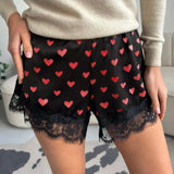GETADME Women Heart Print Lace Satin Shorts Silk Y2k Elastic Waist Mini Shorts Coquette Aesthetic Boxer Slip Pettipants French Knickers