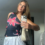 GETADME CUTENOVA Floral Print Fitted Tops Women Resort Wear Graphic Tees Summer 2025 Casual One Shoulder Slash Backless Tank Top