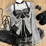 GETADME Sweet Lolita Early Autumn Three Piece Set Lace up Ruffles Cardigan Sexy Slim Fit Strapless Vest Tops High Waist Ruched Skirts