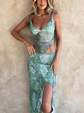 Getadme -Y2K Women Summer Tube Top Long Skirt Set Slim Fit Sleeveless Floral Vest Split Casual Long Skirts Sexy Outfits