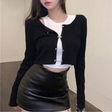 Getadme Korean Style Crop Top Cardigan Women's Top with Sleeves 2pcs Set Tank Top Y2k Two Pieces All Match Outfit Spring Summer Clothing
