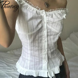 GETADME Phantasy Y2K Women Tops White Lace T-Shirt Button Tees Vintage French Style Tops 2025 Spring Summer Tops Female Streetwear
