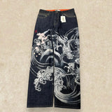 GETADME Japanese Harajuku Jeans Mens New Dragon High Quality Jeans Gothic Y2K Vintage Hip Hop Streetwear Denim Fabric Wide Leg Pants