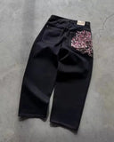 GETADME Hip Hop Cherry Blossom Embroidered Jeans Vintage Low Waist Wide Leg Trousers Y2K Clothes Mens Womes Embroidered Baggy Jeans