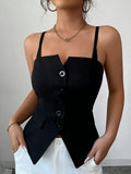 GETADME Women's Casual Tank Top Spring Summer Black Top Spaghetti Strap Sweetheart Neck Button Slim Fit Valentine's Day Elegant Sexy Top