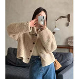 GETADME Women Autumn Winter Double Fleece Warm Thicken Jacket Turn-down Single-Breasted Short Outerwear Loose Fashion Casual Overcoat