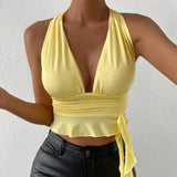 GETADME Women's Sexy Tight Fitting Deep V-neck Pleated Top Tight Fitting 2025 Spring Beach Resort Nightclub New Model Women's Sexy Tigh