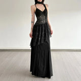 GETADME Lace Patchwork Women Camis Dress French Elegant Hepburn Style Splicing Midi Dress Y2K Streetwear Hot Girls Vacation Vestidos