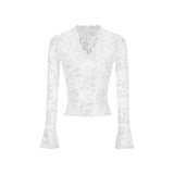 GETADME See Through Sexy T-Shirts Fashion Women Flare Long Sleeve Spring Summer Lace Beauty Crop Tops Casual Streetwear V-Neck Chic Tees