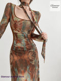 GETADME French-style fashion halo-dyed gauze printed ribbon dress women's spring and summer pleated waist slim lantern sleeve dress