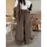 GETADME ZHIZOU Women Goblin Long Trousers Parachute Pants Harajuku Y2K Splice Loose Grunge 2000s Streetwear Hip-pop Brown Sweat Pants