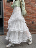 GETADME Elegant Long Multi Layer Mesh Skirt for Women Elastic Waist A-Line Summer Skirt Woman Sweet White Lace Patchwork Cake Skirts