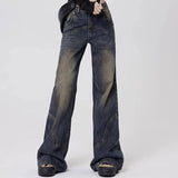 GETADME 여성 하이웨이스트 한국 레트로 슬랙스 와이드 레그 청바지 여자 그런지 스트리트웨어 데님 스트레이트 레그 팬츠 여성 쿨 그레이 바지