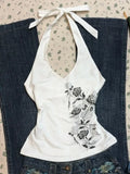 GETADME American Vintage Blue Rose Printed Camisole Vest for Women Summer Spicy Girl Slim Waist Streetwear Halter Top Y2k Aesthetic Vest