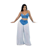 GETADME 2 Piece Sets Women Sexy Denim Camisole Wide Leg Pants Patchwork Folds Slip Vest Floor Length Suit 2025 Summer Casual Outfits