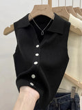 GETADME Solid Color Knitted for Women Cardigan Korean Single Breasted Sleeveless Jumper Woman Round Neck All Match Cardigans Outwear