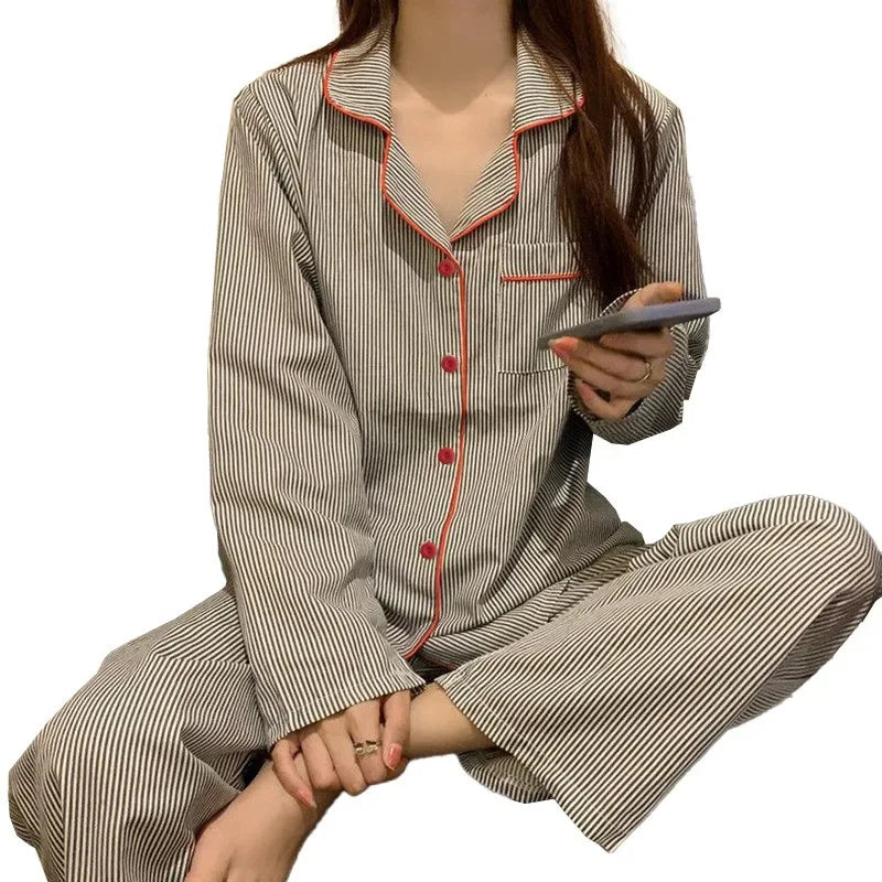 GETADME Ensemble de 2 pièces : Gilet de pyjama ample et respirant à manches longues pour femme, style écolière, rayé gris, pyjama tendance pour fille.