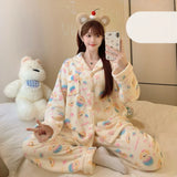 GETADME Autumn Winter New Pajamas Lapel Neck Long Sleeve Colourful Dot Print Warm Sleepwear Thick Casual Pajamas Coral Fleece Two-Piece