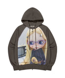 GETADME Harajuku Doll Print Hoodie Korean Style Jacket Womens Loose Fit Long Sleeve Cotton Blend Zip Closure Sweethearts Style Coat