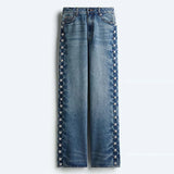 GETADME 2025 New Women's Low Rise Wide Leg Denim Jeans Pant With Chic Studs-Embellished Side Detail High Street Stylish Female Trousers
