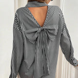 GETADME Classic Striped Turn-down Collar Buttons Long Sleeve Back Hollow Out Bow Baggy Blouses Shirts Pockets Office Lady Elegant Top