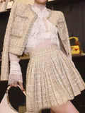 GETADME Small Fragrance Autumn Winter Beading Tweed Pearls Short Jacket Coat + Mini Pleated Skirt Suit Two Piece Sets Womens Outifits