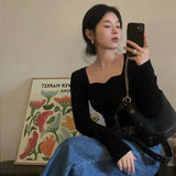 GETADME Knitted Pullovers Women Vintage Solid Sweaters Autumn Winter Korean Elegant Slim Knitwear Square Collar All Match Jumpers New