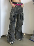 GETADME Trashy Y2K 2000S Streetwear Vintage Grey Baggy Pleated Cargo Jeans Pants For Women Clothing Multi Pockets Wide Leg Lady Trousers
