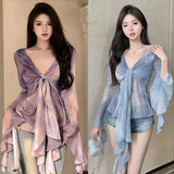 Women's long sleeves V-neck Shirt Women's Summer Design Sense Gradient Tie Dyed Ruffle Flare Sleeve Top