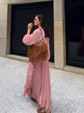 GETADME Elegant Solid Multiple Flounces Lace Up Dresses Chic Loose V Neck Full Sleeve Robes New Lady Summer Commute Vacation Gown 2025